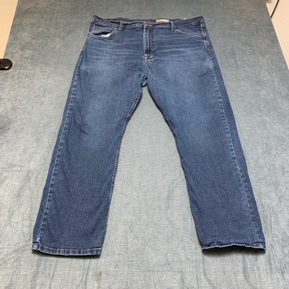 Wrangler Straight Jeans Mens 42x30 Blue Denim Cotton Stretch Slim Fit Workwear